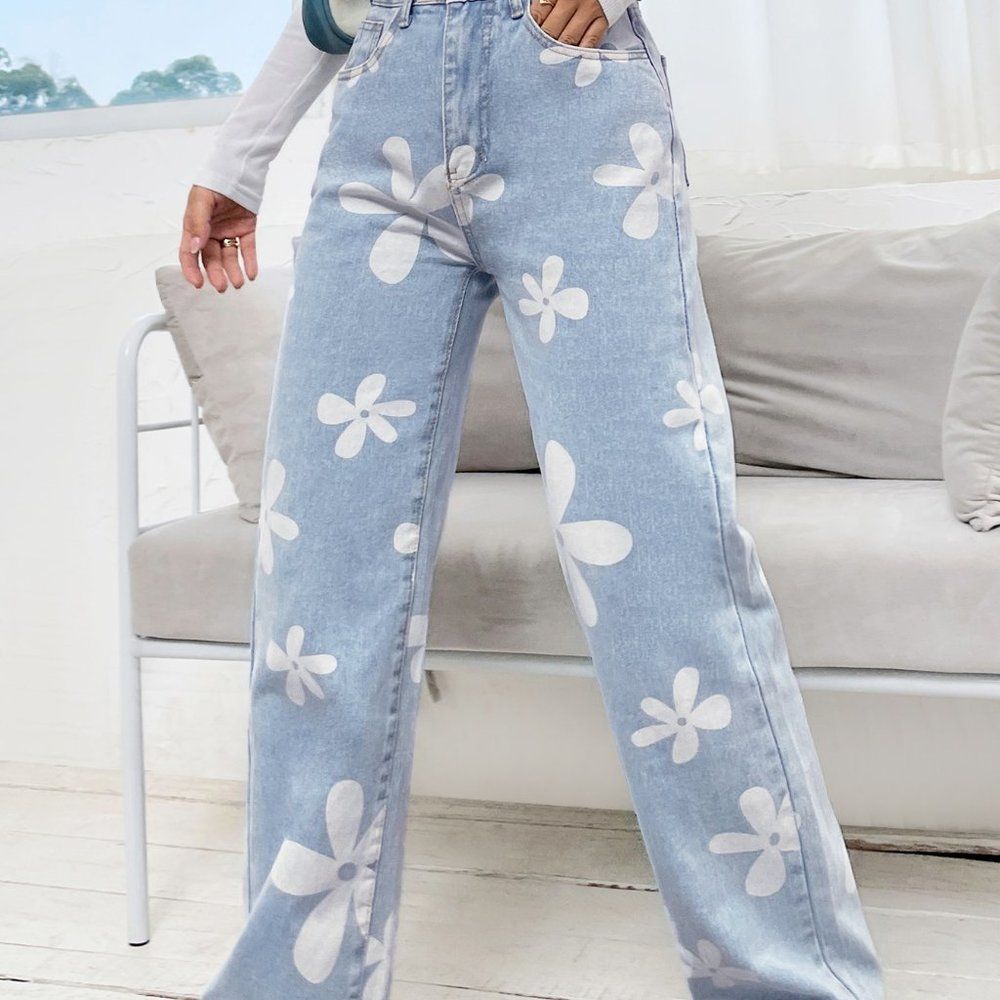 New Floral Print Straight Leg Jeans  Medium Wash